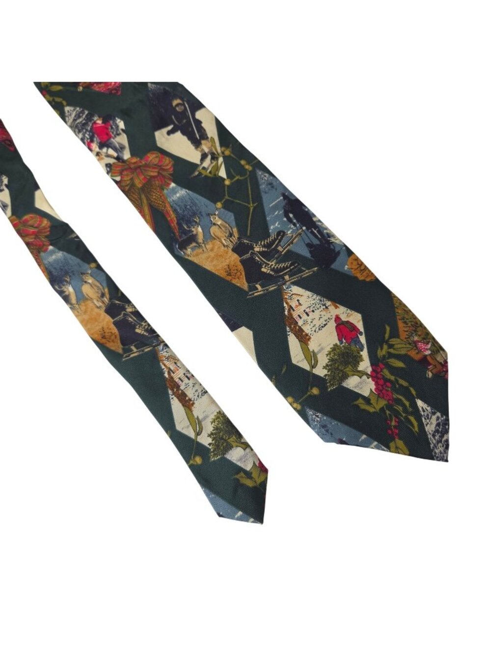 Vintage Mens Structure Green Silk Tie Festive Winter Scenic Prints Made In USA